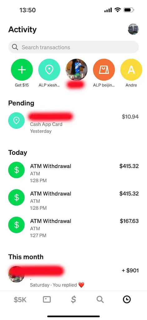 Cash App跨境取款扣费明细，取现次数、实时汇率及扣款金额展示