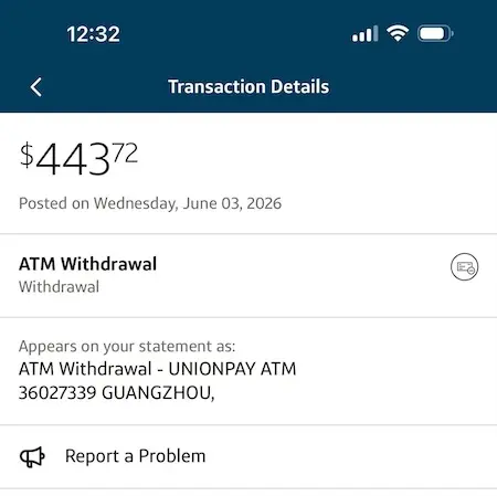 ITIN申请的美国银行卡广州ATM取现扣费流水截图 Capital One储蓄卡广州本地ATM取现扣费账单,美卡跨境取现手续费明细