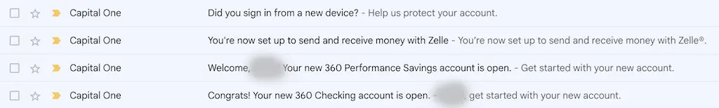 Capital One 360 Checking和Savings账户开通成功邮件列表截图,显示账户已获批 Capital One 360 Checking和Savings账户开通成功邮件列表截图,显示账户已获批