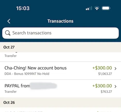 Capital One 360 Checking账户交易记录截图,显示300美元开户奖励已成功到账 Capital One 360 Checking账户交易记录截图,显示300美元开户奖励已成功到账