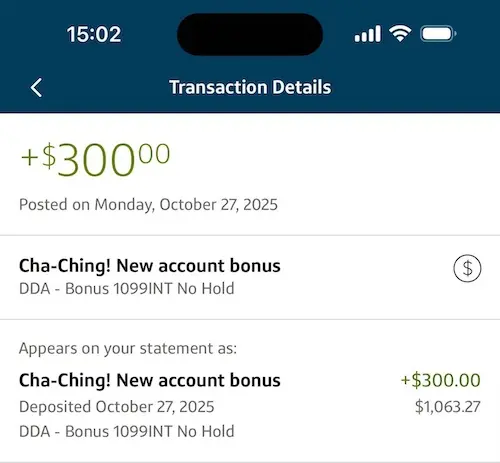 Capital One 360 Checking账户300美元开户奖励交易详情截图,显示奖励已存入账户 Capital One 360 Checking账户300美元开户奖励交易详情截图,显示奖励已存入账户