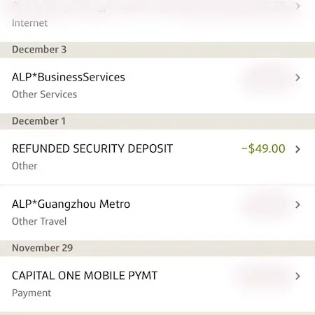 Capital One押金信用卡押金退回交易记录截图,账户明细中显示押金已全额退款 Capital One押金信用卡押金退回交易记录截图,账户明细中显示押金已全额退款