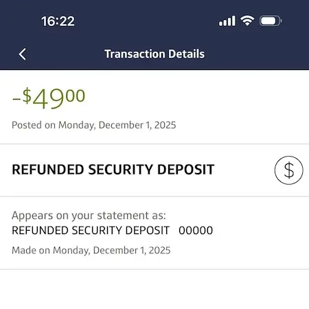 Capital One押金信用卡押金退款详情截图,显示49美元押金已成功退回 Capital One押金信用卡押金退款详情截图,显示49美元押金已成功退回