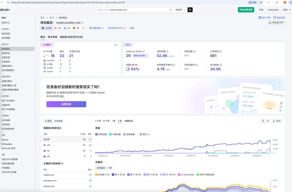 SEMrush工具分析仿牌独立站流量与关键词数据