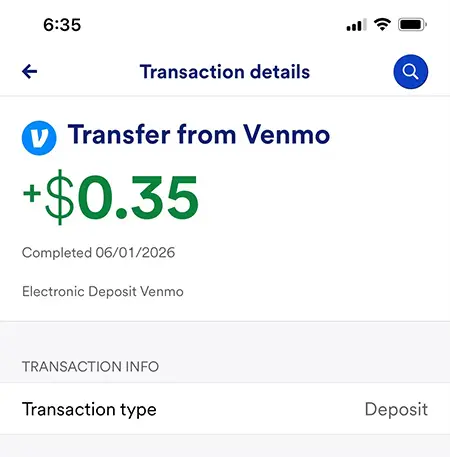 ITIN开通Venmo后提现回款入账，美国银行单笔0.35美元存款交易详情页面