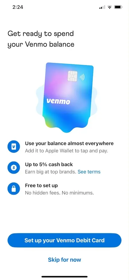 ITIN开通Venmo后实体借记卡权益介绍页面，展示返现与支付功能