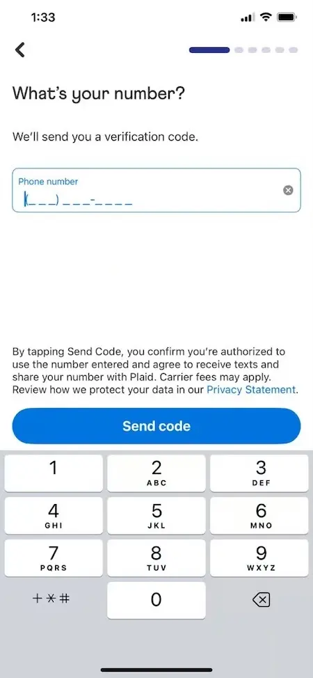 ITIN注册Venmo填写短信验证码完成账号验证页面截图
