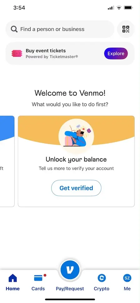 2026ITIN注册Venmo，APP首页解锁余额的实名认证Get verified入口页面