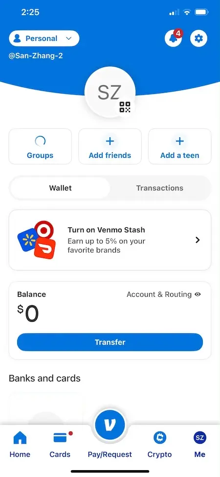ITIN实名注册Venmo完成后的个人账户首页仪表盘实拍