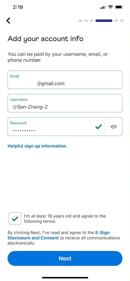 ITIN注册Venmo设置邮箱、用户名与登录密码实操页面