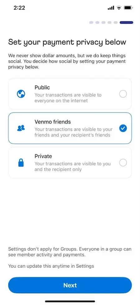 ITIN开通Venmo设置交易隐私权限页面，可选择公开、好友、私密三种模式