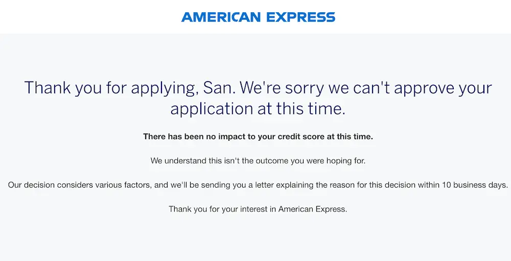 Amex蓝卡优选卡申请失败回执页面展示 美国运通Blue Cash Preferred信用卡申请被拒结果页面截图