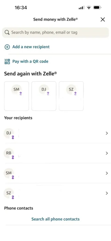 Chase银行Zelle转账收款人列表页面，美国银行卡线上转账操作界面