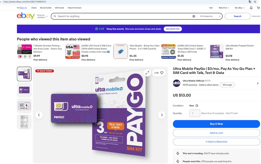 Ultra Mobile PayGo紫卡Ebay下单选购界面 Ultra Mobile 3美元紫卡Ebay采购页面,PayGo美国SIM海淘实拍