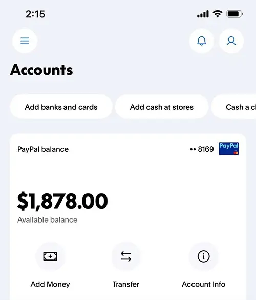 PayPal账户主页详情，借记卡绑定状态与账户资金余额展示界面