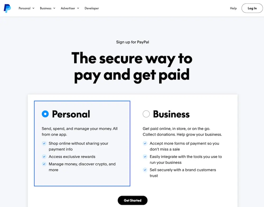 PayPal注册页面，个人账户与商业账户选择界面