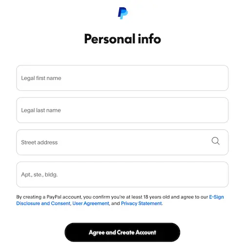 PayPal注册个人资料与地址填写页面，信息录入操作界面
