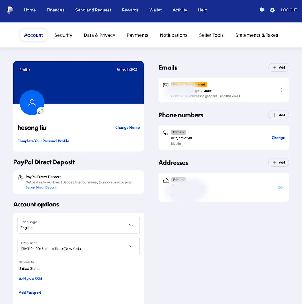 美区PayPal账户个人信息详情页，资料查看与编辑界面