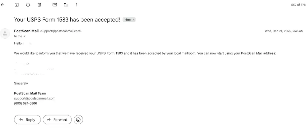 Postscanmail美国转运地址USPS 1583表单审核通过通知邮件截图，虚拟信箱地址备案完成凭证