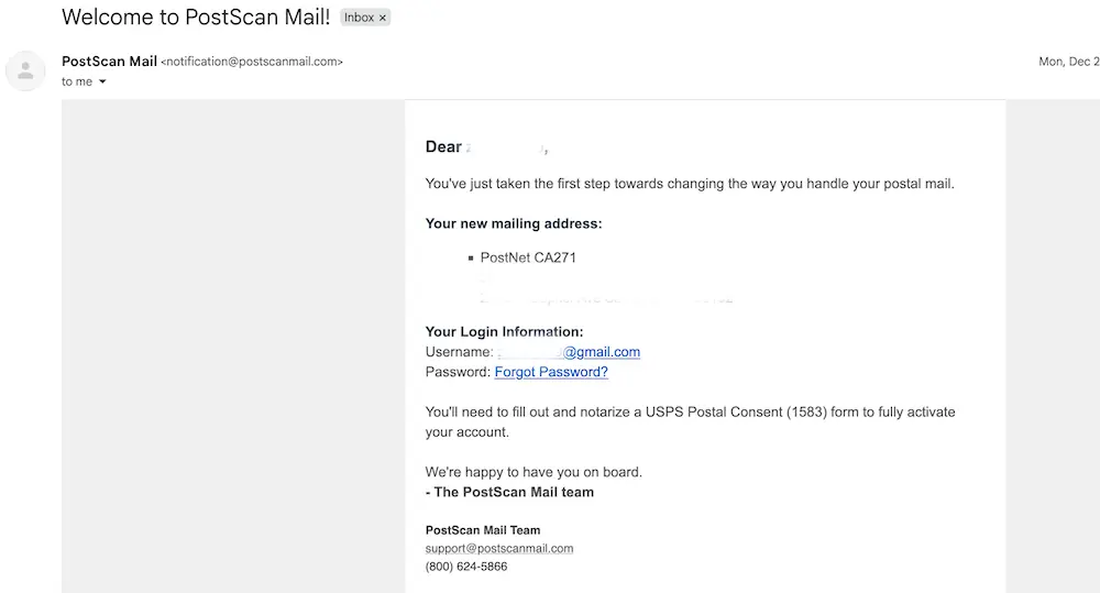 Postscanmail美国转运地址注册成功欢迎邮件截图，账号开通通知邮箱界面