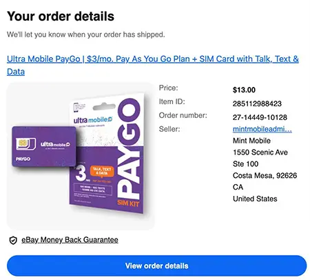 ITIN配套美卡使用的Ultra Mobile PayGo手机卡eBay订购回执邮件 eBay采购Ultra Mobile PayGo月租3美元SIM卡订单详情邮件截图,美国电话卡网购订单信息