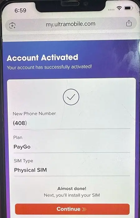 ITIN实名开通Ultra Mobile PayGo获取美国号码开通页面 Ultra Mobile PayGo开卡成功页面,激活生成全新美国本土手机号界面截图