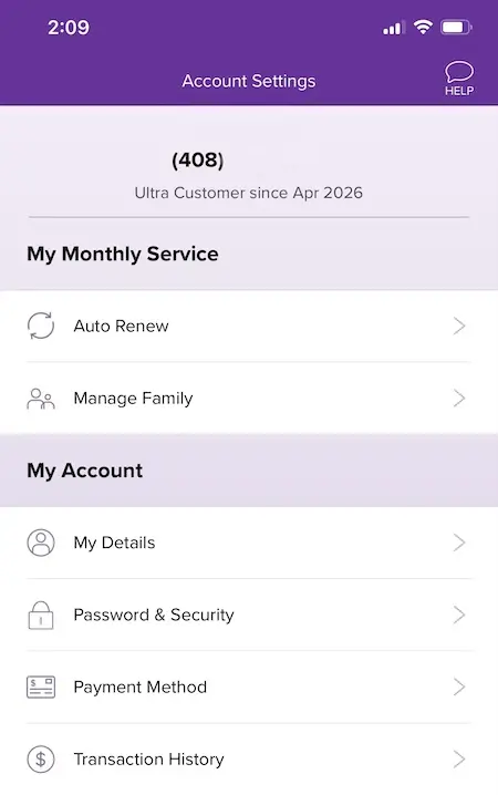 Ultra Mobile美国电话卡APP账号信息与个人资料设置页面实拍 Ultra Mobile PayGo APP个人账户设置界面,美国预付手机号实名资料主页