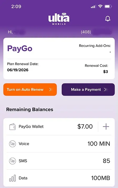 ITIN开通的Ultra Mobile预付卡APP账户余额、资费套餐后台截图 Ultra Mobile PayGo手机APP主页,3美元月租套餐话费余额与套餐详情页面