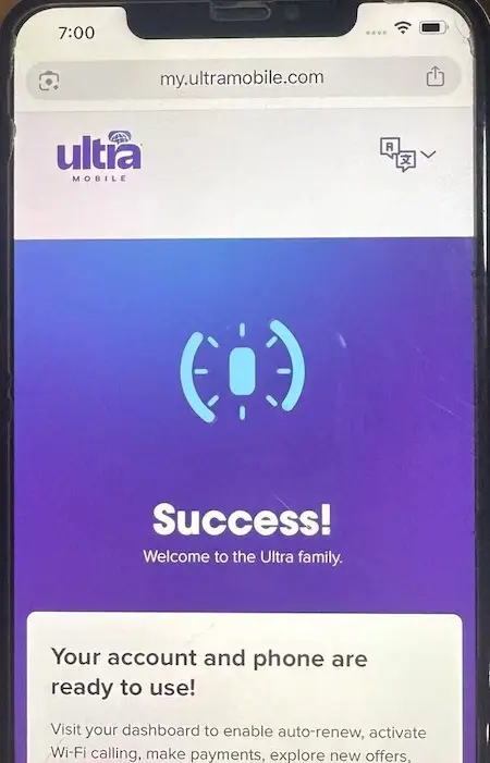 跨境实操Ultra Mobile PayGo电话卡移动端激活成功回执页面 手机浏览器完成Ultra Mobile PayGo SIM卡最终激活成功页面,美号开卡完结界面