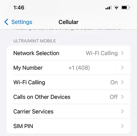 Ultra Mobile PayGo美卡装入苹果手机,蜂窝网络开通WiFi Calling设置截图 iPhone蜂窝设置页面,Ultra Mobile美国SIM卡插卡后开启WiFi通话配置界面