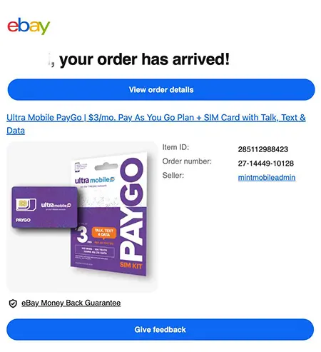 跨境采购Ultra Mobile PayGo三合一SIM卡物流签收确认邮件截图 Ultra Mobile PayGo美国电话卡eBay订单签收通知邮件,FedEx快递到货提醒